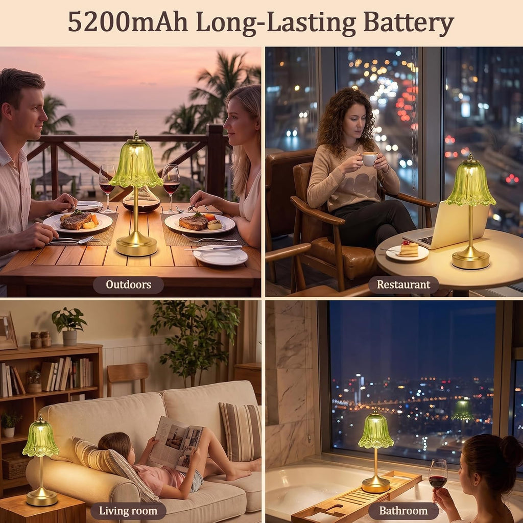 Cordless Table Lamp, Rechargeable Green Glass Tulip Flower Touch Lamp