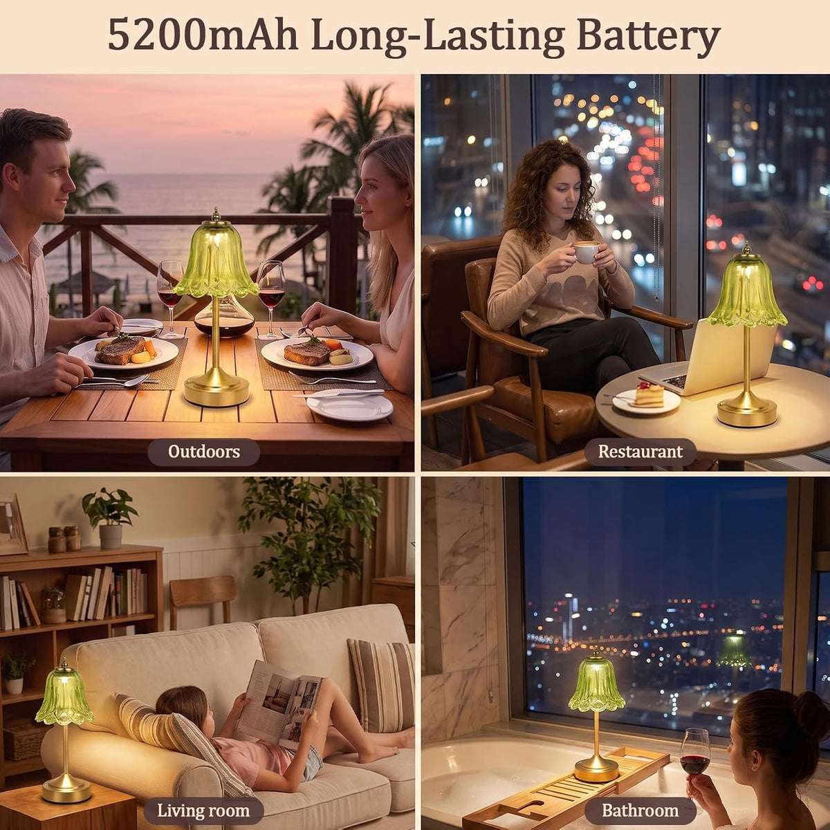 Cordless Table Lamp, Rechargeable Green Glass Tulip Flower Touch Lamp