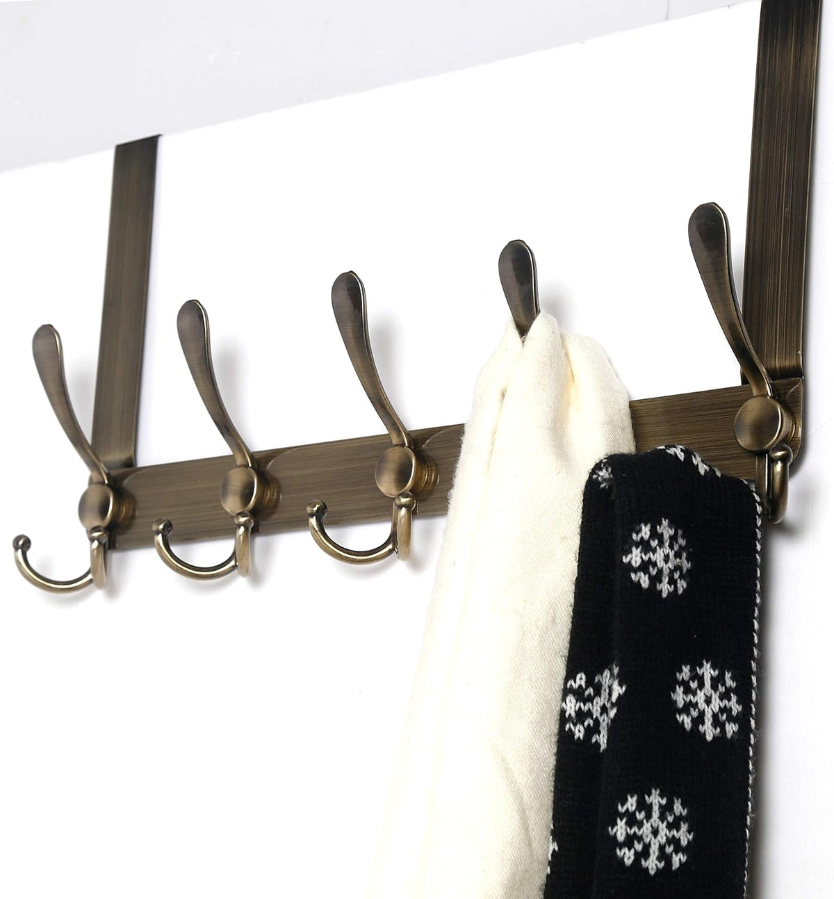 Dseap Over The Door Hook Hanger - Fits 1 3/8" to 1 3/4" Standard Doors | 5 Tri Hooks Heavy Duty Towel/Coat Rack | Door Organizer for Clothes, Jackets, Hats, Towels, Bronze