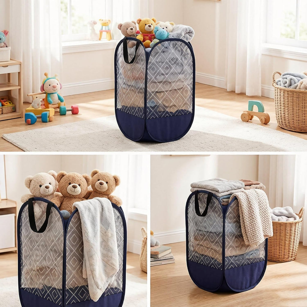 Upgraded 100L Extra Large Mesh Pop Up Laundry Hamper with Handles, Blue