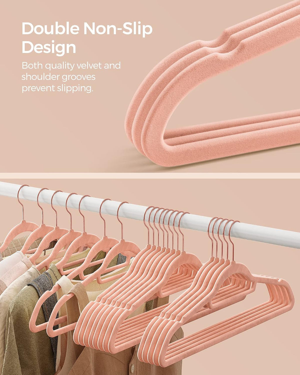 SONGMICS Velvet Hangers, Set of 50 with Tie Bar, Rose Gold Swivel Hook