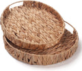 Round Serving Tray for Coffee Table Water Hyacinth Decorative Ottoman Tray with Handle Set of 2 (11.8inch + 13.4inch)