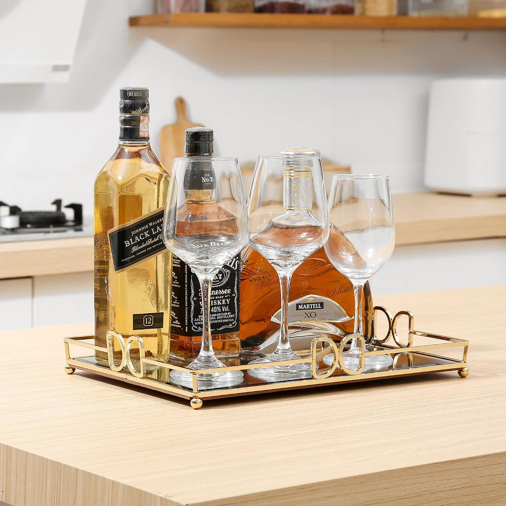 Large Gold Mirrored Tray for Makeup Vanity, 14x10 Entire Length Perfume Organizer for Dresser Top, Elegant Decorative Countertop Storage