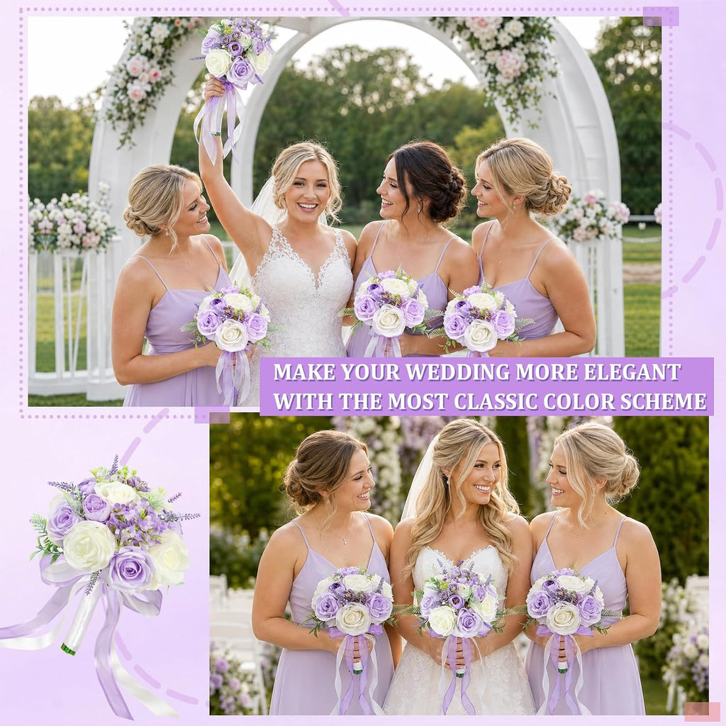 Bride Bouquets for Wedding 8.5 Inch Lilac Artificial Rose Flower Bridal Bouquets for Bride Wedding Bridesmaid Marriage Proposal Party Anniversary Church Decoration
