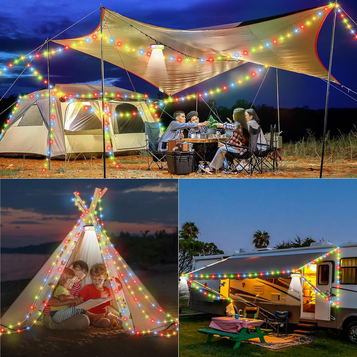 2Pack Camping String Lights, 4 in 1 Quick Storage 32.8FT 9 Modes Portable