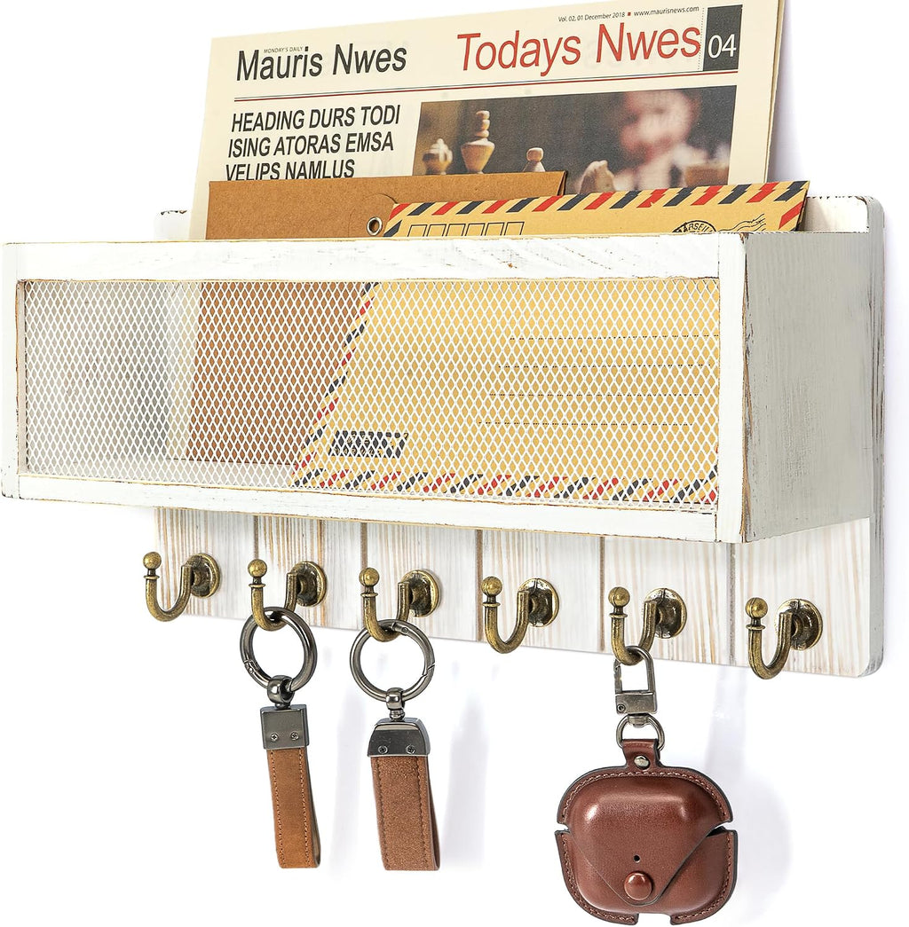 Rebee Vision Key Holder Wall Mount with Mail Basket for Entryway, Whitewash