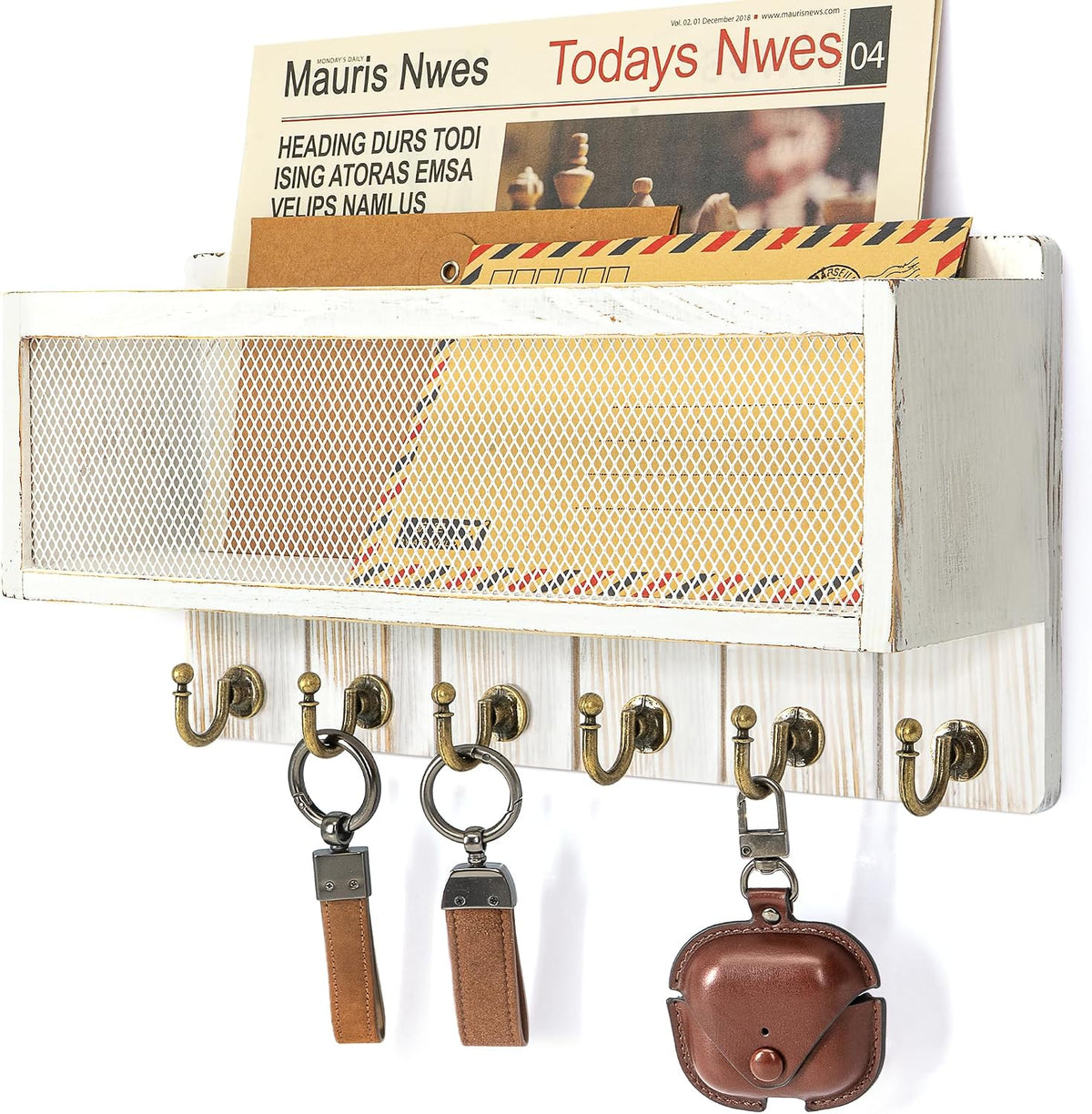 Rebee Vision Key Holder Wall Mount with Mail Basket for Entryway, Whitewash