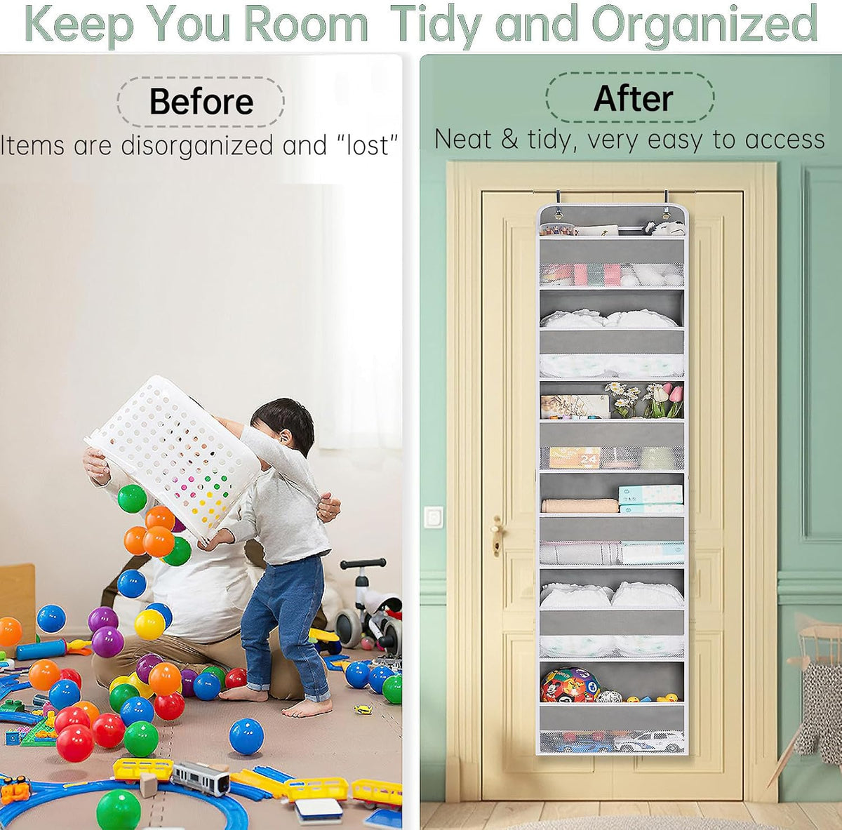 WishJazz Over The Door Organizer 6 Large Pockets, 50 lbs Heavy Duty Hanging Organizer Storage, Behind Door Closet Organizer and Storage for Nursery, Bedroom, Bathroom, Toys Cosmetics Sundries Grey
