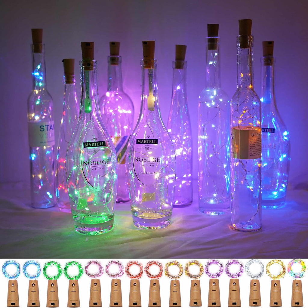 20 LED Wine Bottle Lights with Cork, 15 Pack Battery Operated Cork Shape Fairy Light Waterproof Mini Copper Silver Wire String Lights for Party, Wedding, Christmas, Bedroom Decoration(Colorful)