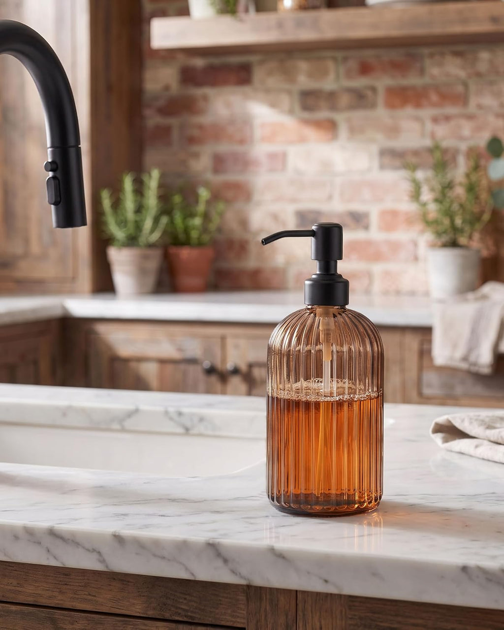 JASAI 18Oz Amber Glass Soap Dispenser with Black Pump for Hand Soap