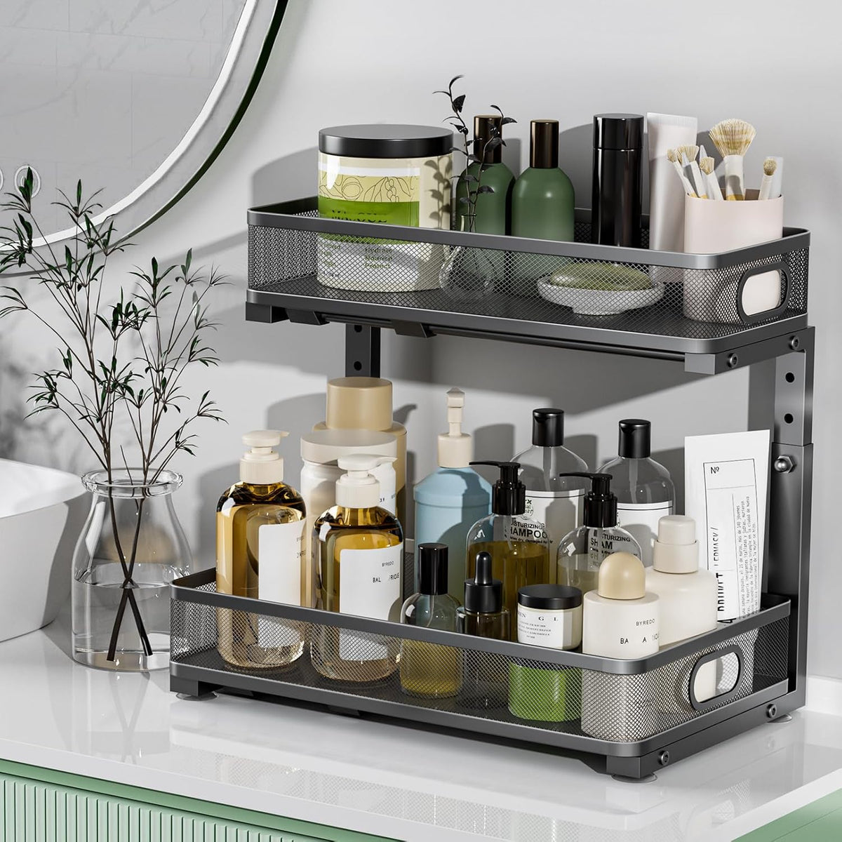 Under Sink Organizer 2 Pack, High Adjustable 2 Tier Under Sink Organizers and Storage, Slide out Metal Cabinet Organizers, Pull out Storage Drawer Shelf for Kitchen Bathroom Cabinet (Black)