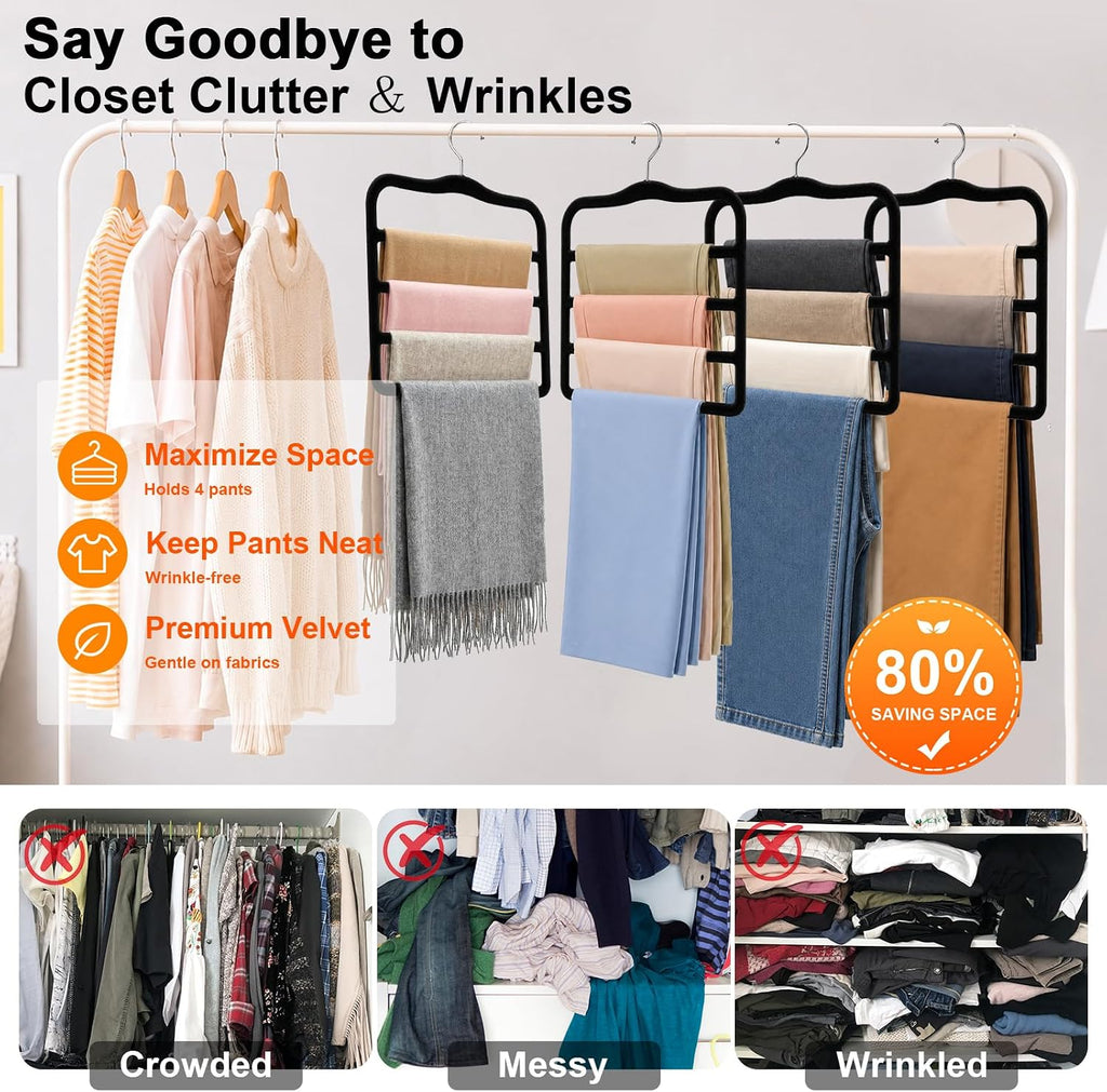 Velvet Pants Hangers Space Saving, Multi-Tier Closet Organizers for Jeans Trousers Skirts Scarves, Non-Slip Vertical Storage for College Dorm & Apartment Essentials (4 Pack-Black)