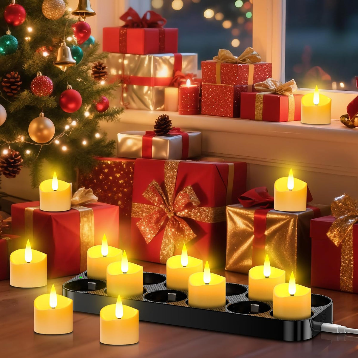 YiaMia USB-C Rechargeable Tea Lights with Charging Base 12 Pack