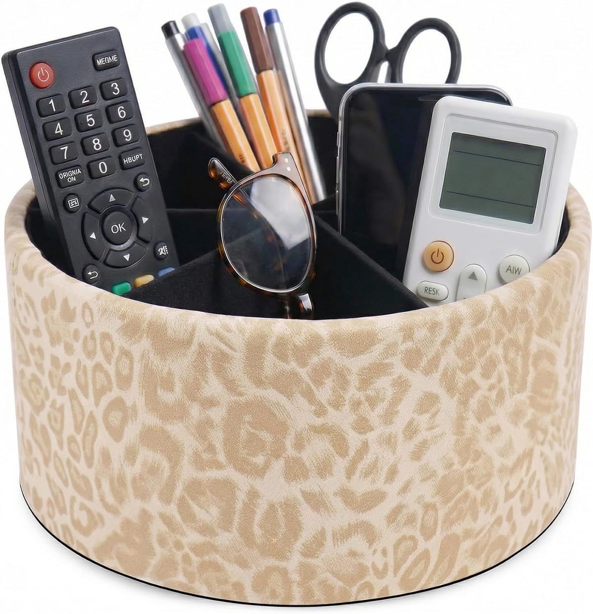 Remote Control Holder, 360°Spinning PU Leather Desk TV Remote Caddy,Desk Storage Box Room Accessories for Controller, Media,Mail,Calculator, Mobile Phone,Pencil(1B-Leopard Pink)
