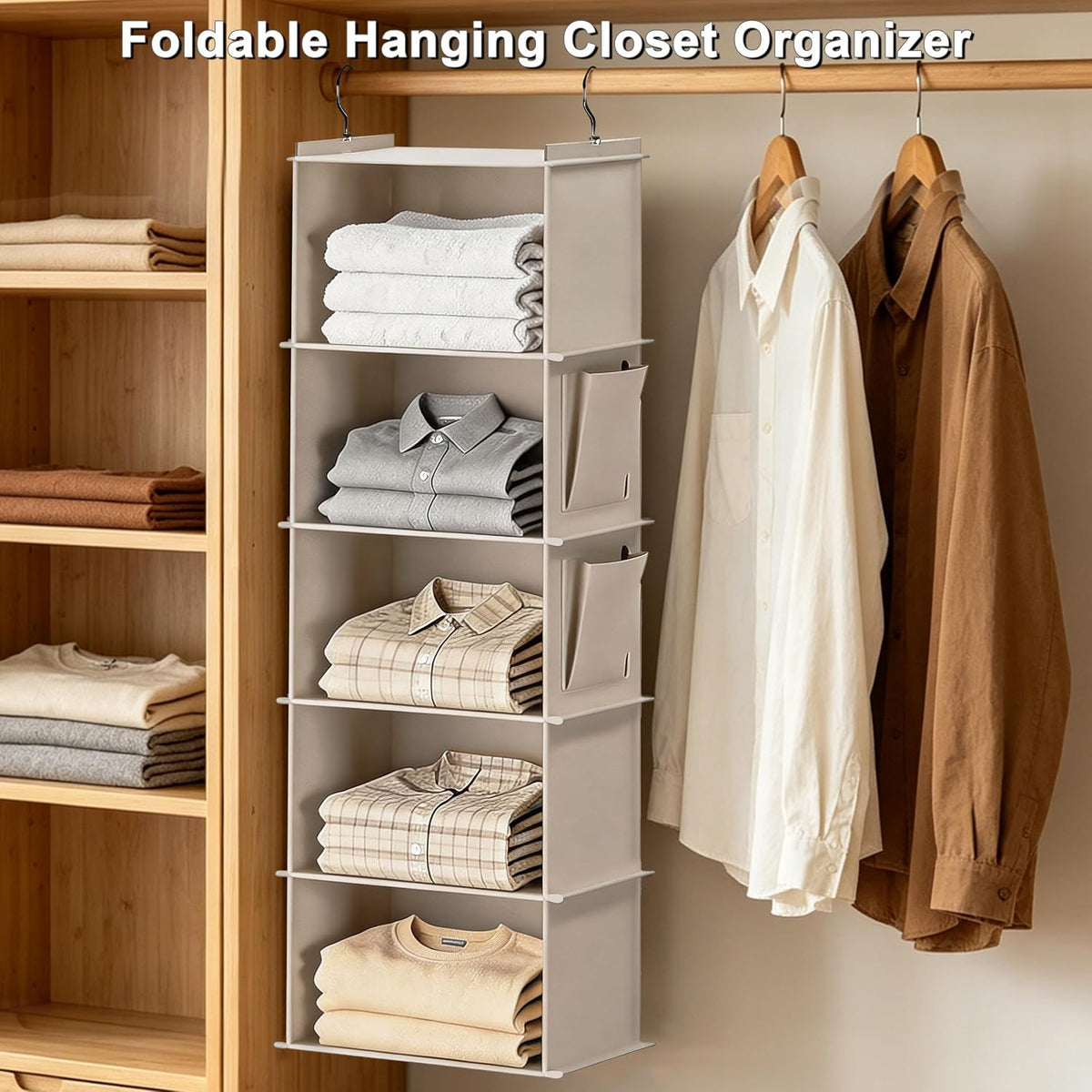 Foldable Hanging Closet Organizer, 5-Shelf Hanging Shelves with Side Pockets, Space Saving Storage for Clothes and Accessories