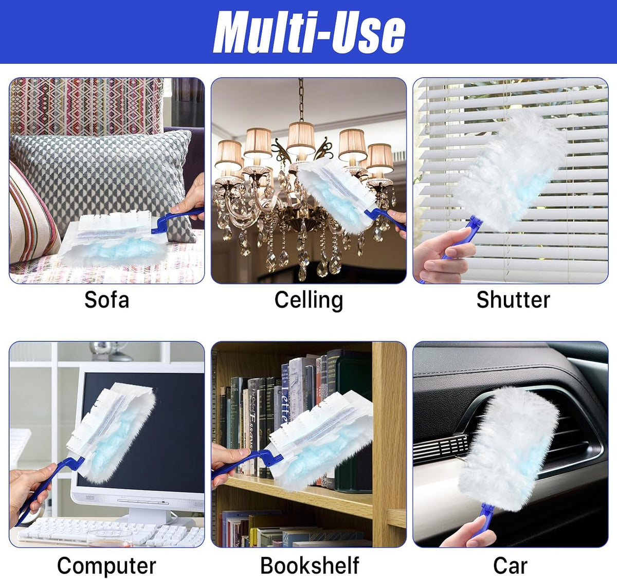 100 Pcs Duster Refills Bulk, Thickened Duster Refill Electrostatic Duster Head, Duster Refills for Cleaning with 4 Handles, Disposable Duster Refills for Cleaning Blinds, Ceiling Fans(Blue)