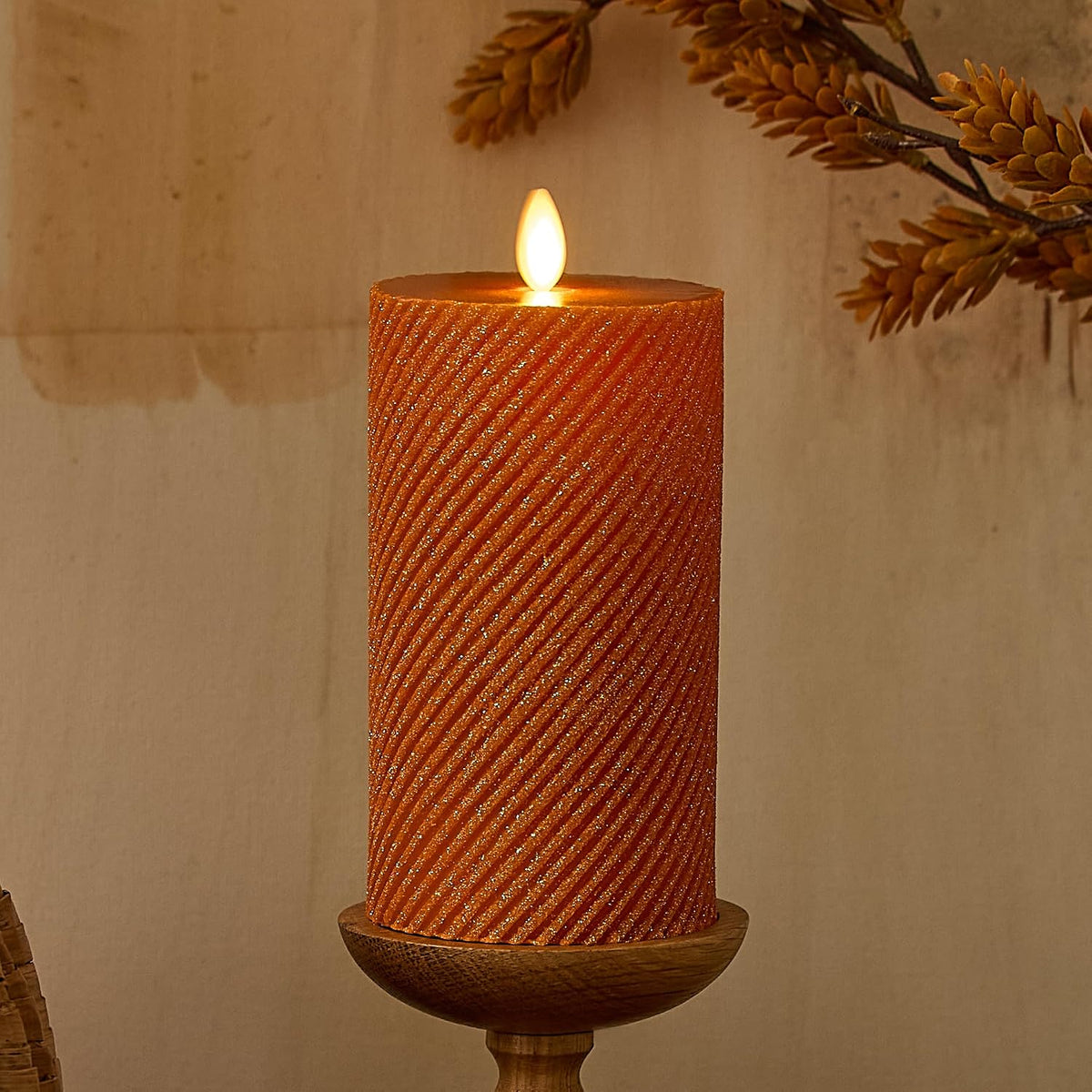 Luminara - Flameless Flickering Moving Flame Battery Operated, Remote Ready, Unscented Candle LED Décor & Gift- Ribbed Pillar (Marmalade Glitter, 3.1" x 6.5")