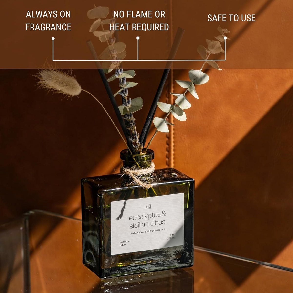 Craft & Kin Reed Diffuser with Dried Flowers | 5 oz Sicilian Citrus & Eucalyptus Scented Fall Reed Diffusers for Home, Bathroom | Scent Sticks | Elegant Fragrance Home Decor for Men & Women