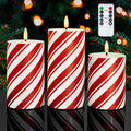 Red Stripe Glitter LED Pillar Candles, Battery Operated Real Wax Flameless Candles for Christmas Holiday Home Party Decor, Set of 3 (D3 x H4 5" 6")