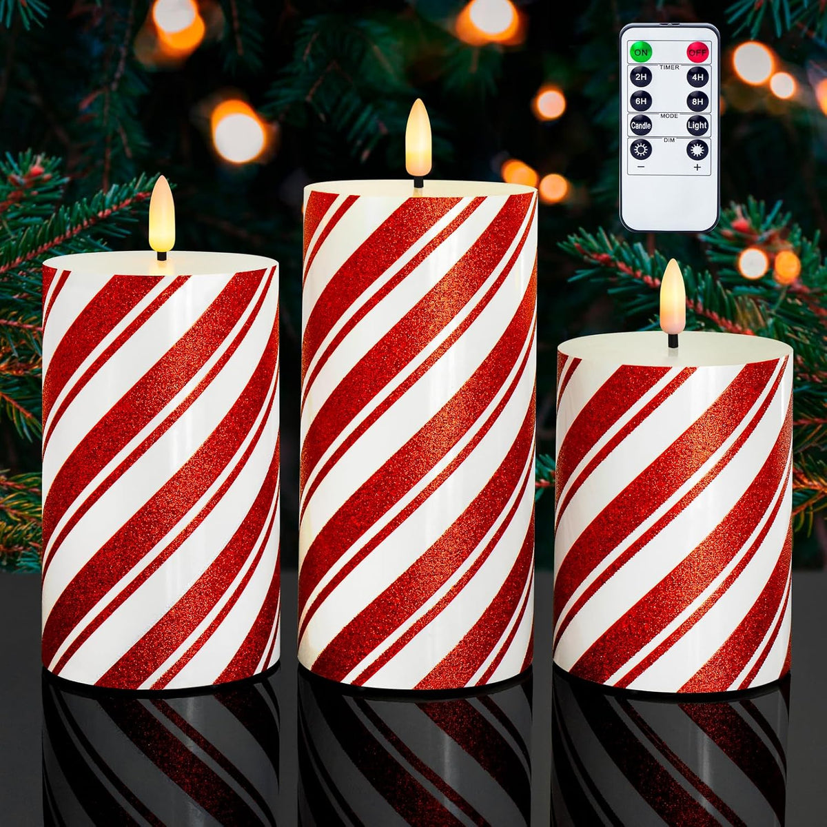 Red Stripe Glitter LED Pillar Candles, Battery Operated Real Wax Flameless Candles for Christmas Holiday Home Party Decor, Set of 3 (D3 x H4 5" 6")