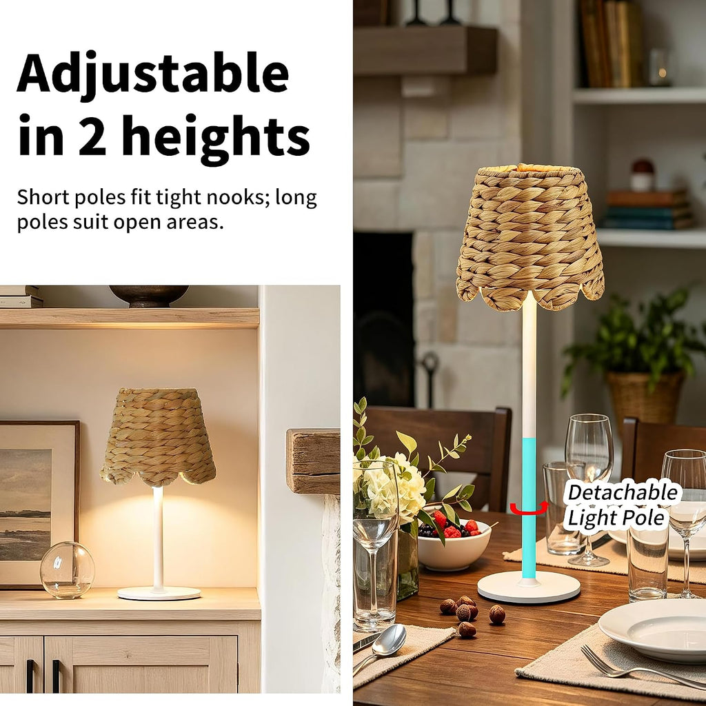 Cordless Rechargeable Table Lamp with Bohemian Wicker Water Hyacinth Lampshade, Battery Powered Top Touch Table Light with 3 Color Stepless Dimming for Patio Restaurant (White)