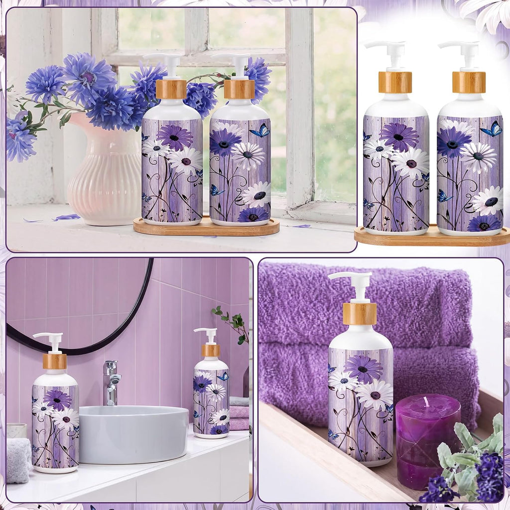 Potchen 2 Pack Glass Soap Dispenser Set Bathroom Decor Housewarming Gift Glass Soap Dispenser with Pump Wood Tray Home Decoration for Kitchen Bathroom (Purple Daisy)