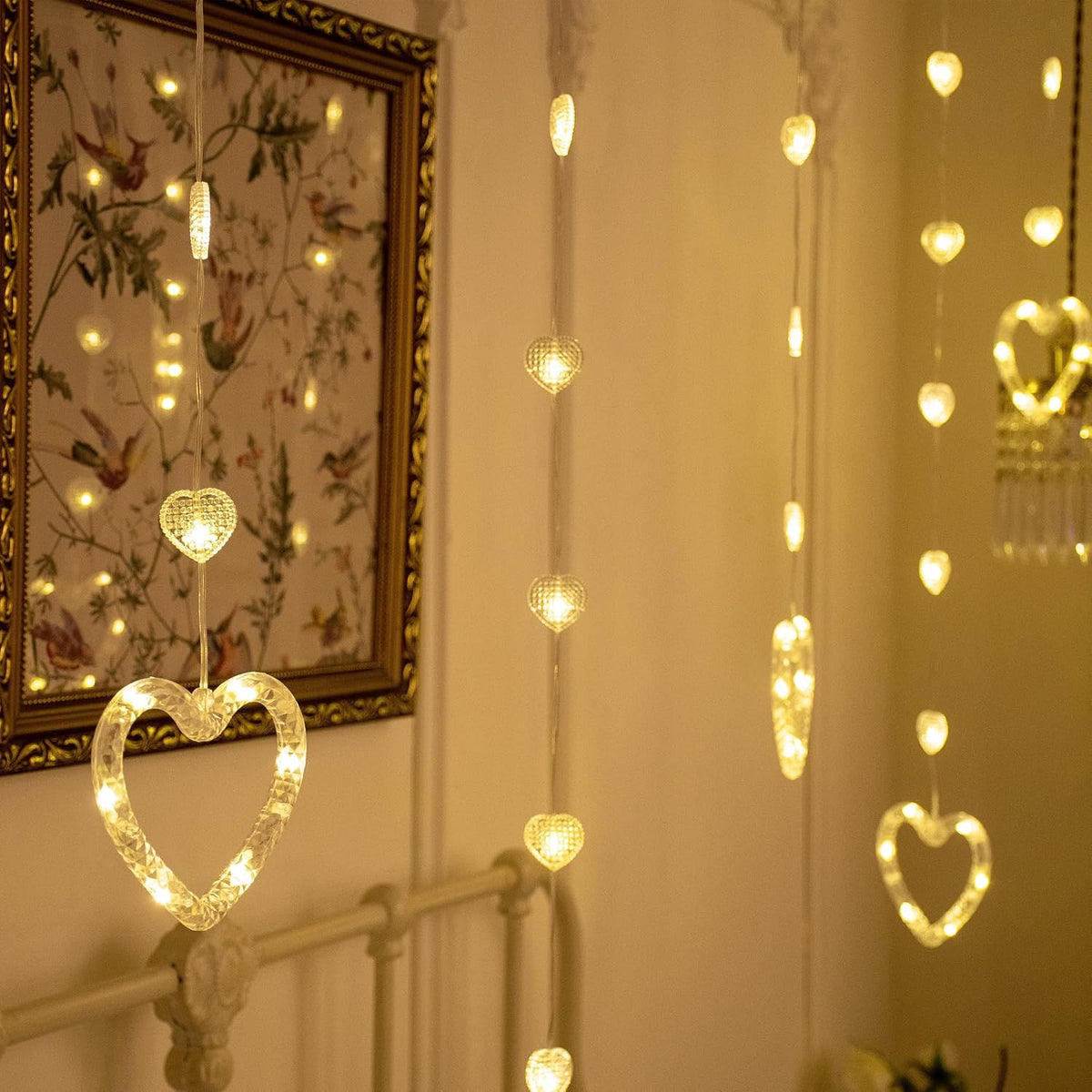YOLIGHT Heart Curtain Lights, 9.8ft Valentine's Day Window Lights, USB Plug LED Hearts String Lights, Light up Heart Hanging Lights for Valentines Mother's Day Room Decoration (Warm White)