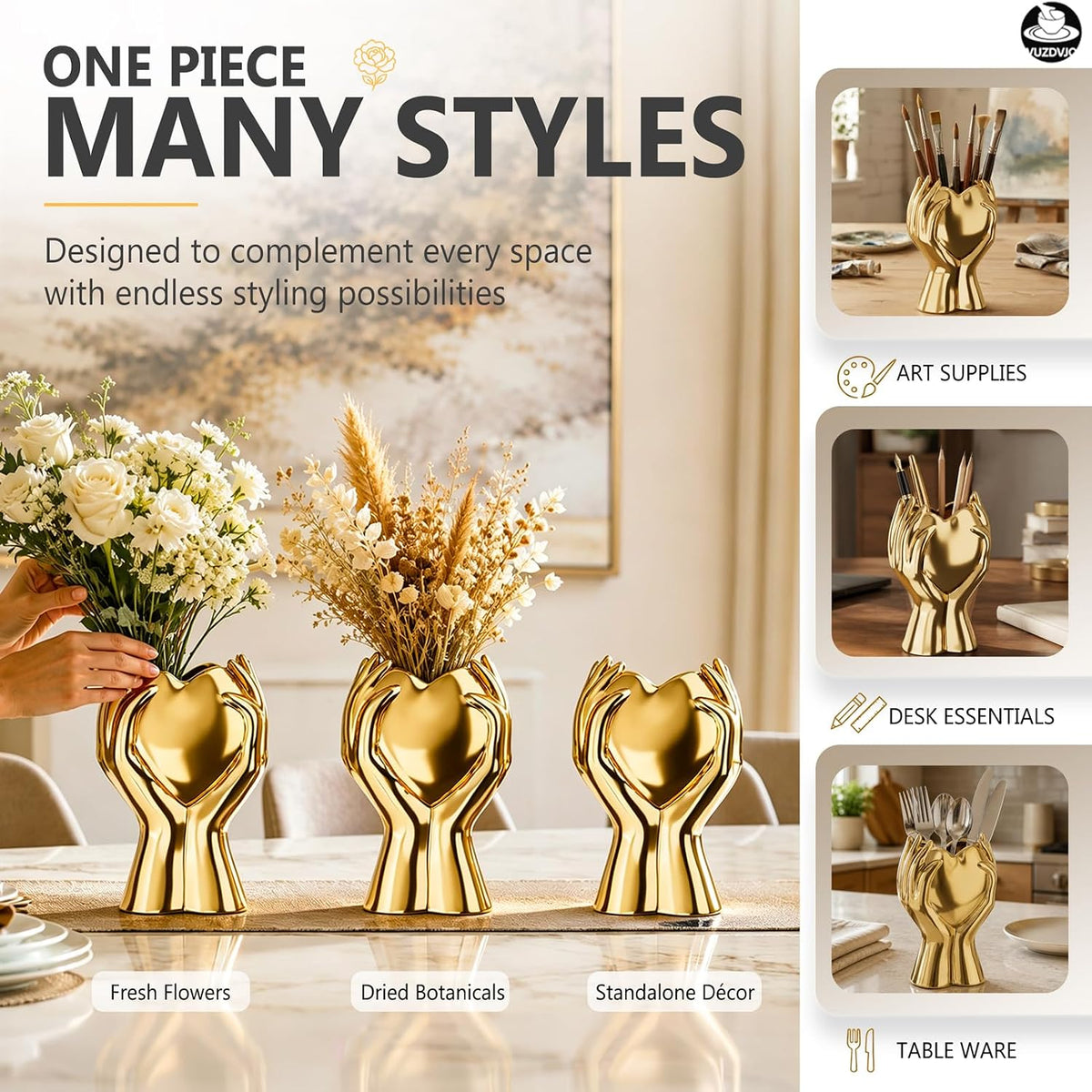 8" Heart Hand Gold Ceramic Vase - Unique Modern Aesthetic Flowers Vase for Living Room Bedroom Office Kitchen Table Centerpiece or Shelf Decor-Gifts for Wedding Bridal Shower Women Mom (Gold)