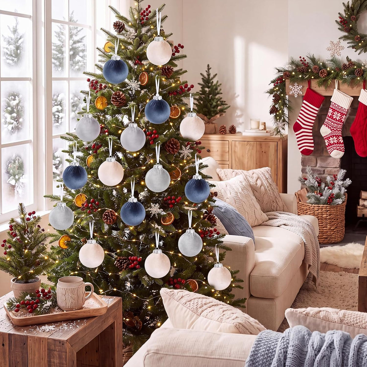 IPOPU 3.15in 15Pcs Dusty Blue Velvet Christmas Ornament Balls for Festival