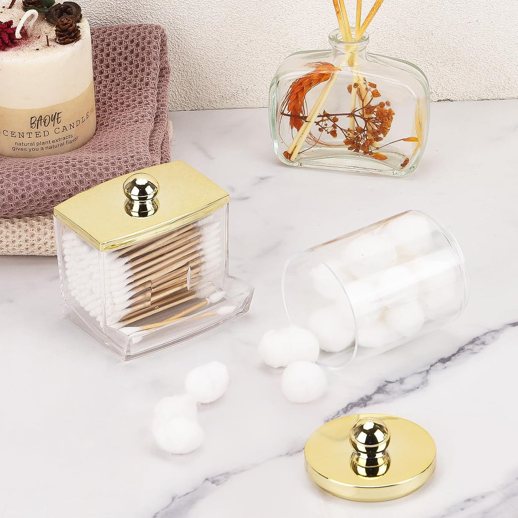 Tbestmax 2 Pack Qtips Dispenser - Bathroom Organizers and Storage Containers, Plastic Apothecary Jars with Gold Lids for Cotton Ball Swab Round Pads, Floss