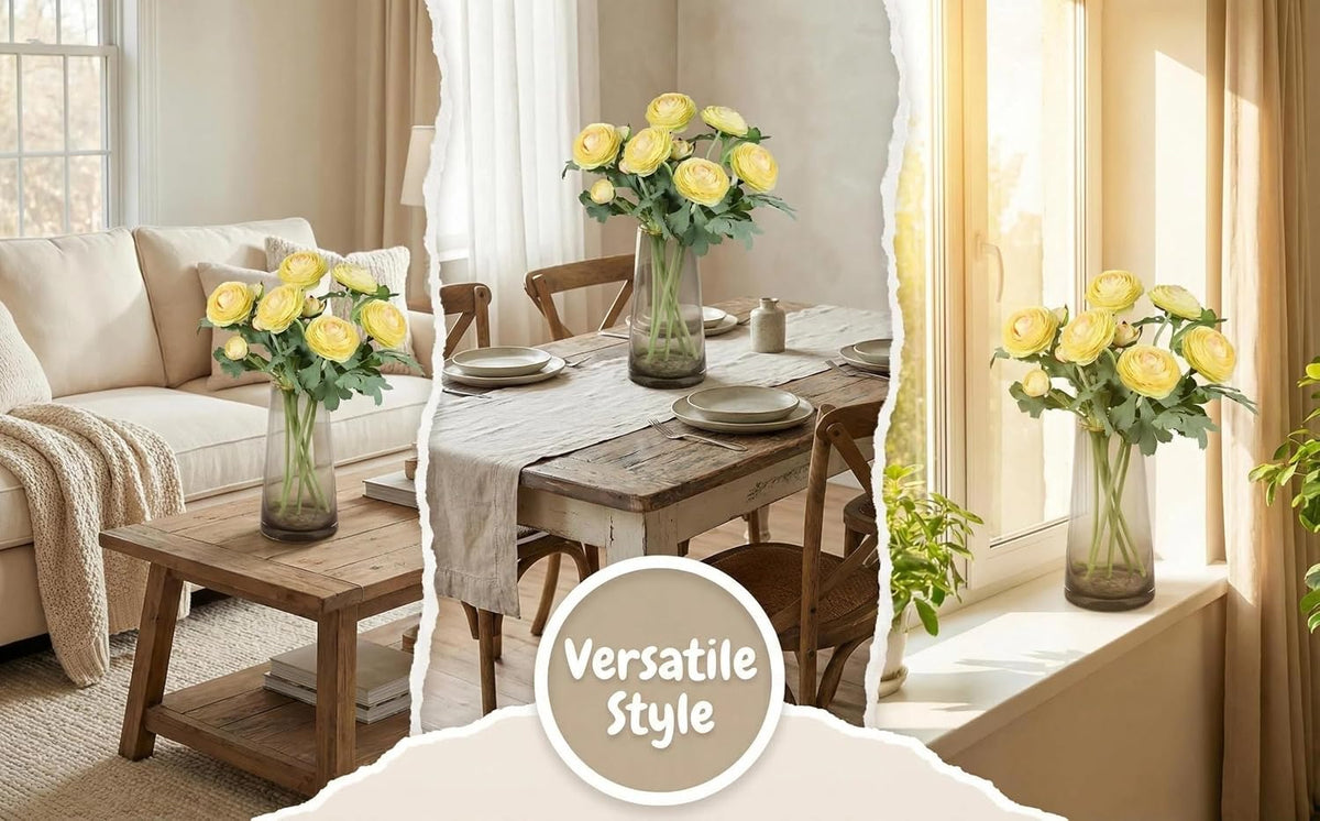 Yellow Ranunculus Artificial Flowerswith Real Touch Stem, Fake Ranunculus Flowers (Creamy Yellow, 6pcs)