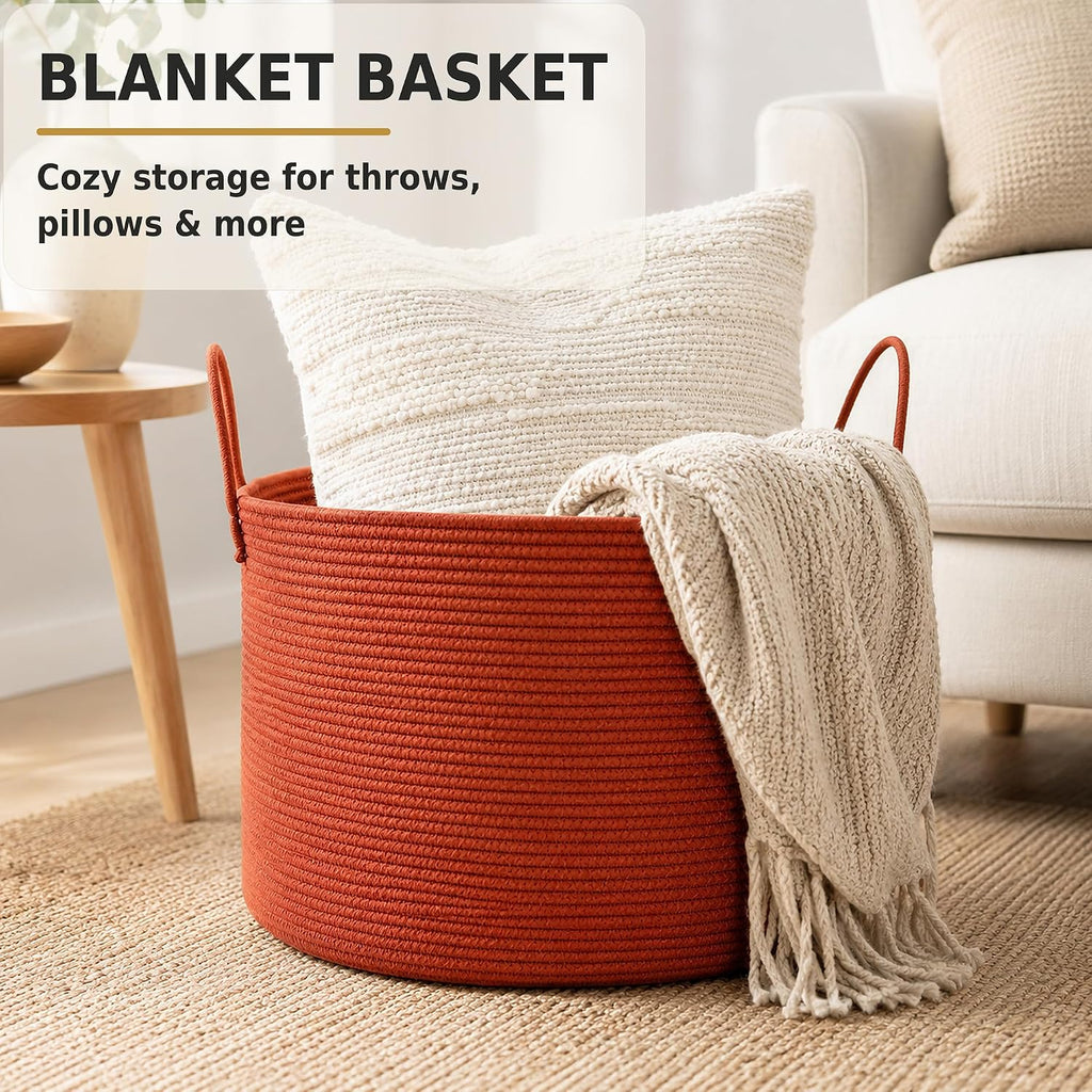 XUANGUO 66L Large Blanket Basket, Round Cotton Rope Basket, Rustic