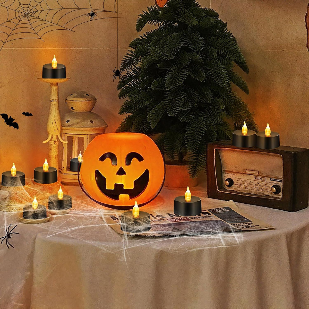 Tea Lights Battery Operated Candles LED Tea Lights Flameless Candles 200+ Hours Flickering Fake Tealights for Halloween, Christmas Aniversary Home Table Decor(Black, 12 Pack)
