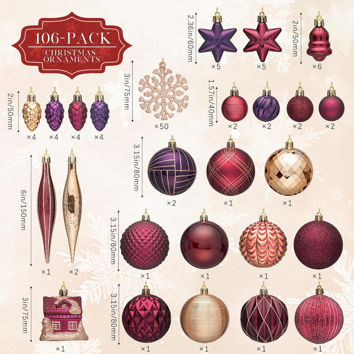 JORNOY 106Pcs Christmas Ornaments Bulk, Shatterproof Plastic Hanging Balls Bulbs Assorted Decor for Tree Decorations Home Holiday Party with Lanyard, Jewel Tone