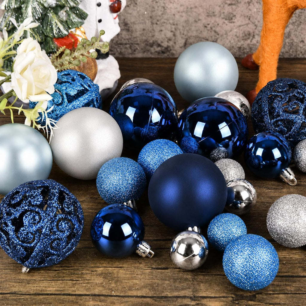 Christmas Balls Tree Ornaments Set, Shatterproof Xmas Decorations Set with Reusable Hand-held Gift Package for Holiday Indoor Tree Decor (100, Dark Blue, Sky Blue & Silver)