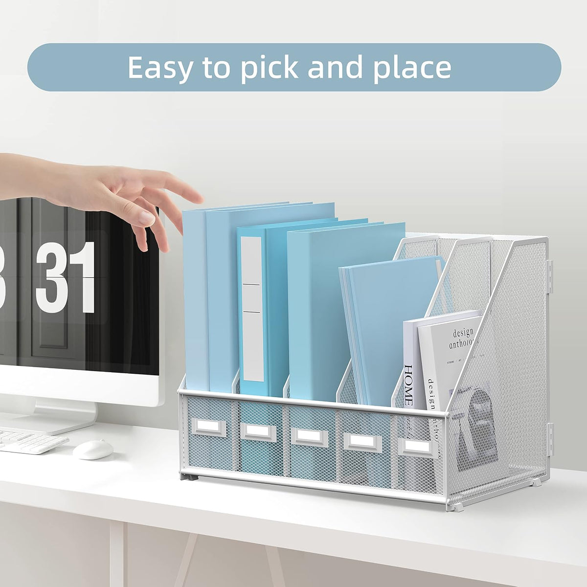 SUPEASY Desk Organizers Metal Desk Magazine File Holder with 5 Vertical Compartments Rack File Organizer for Office Desktop, Classroom, Home Workspace, White
