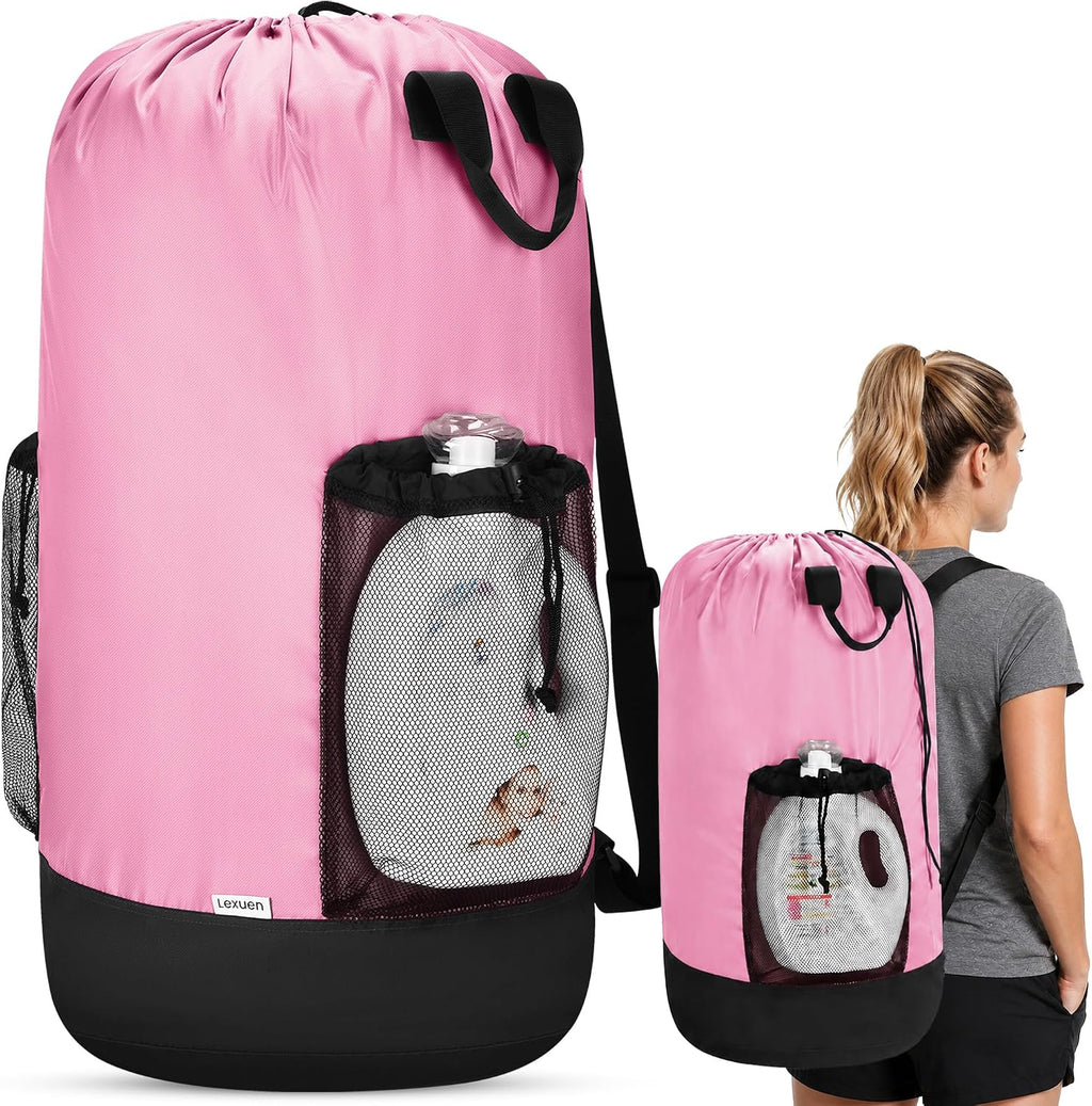 Heavy Duty Backpack Laundry Bag with Shoulder Straps & 2 Mesh Pockets, Pink