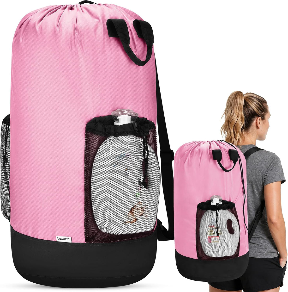 Heavy Duty Backpack Laundry Bag with Shoulder Straps & 2 Mesh Pockets, Pink