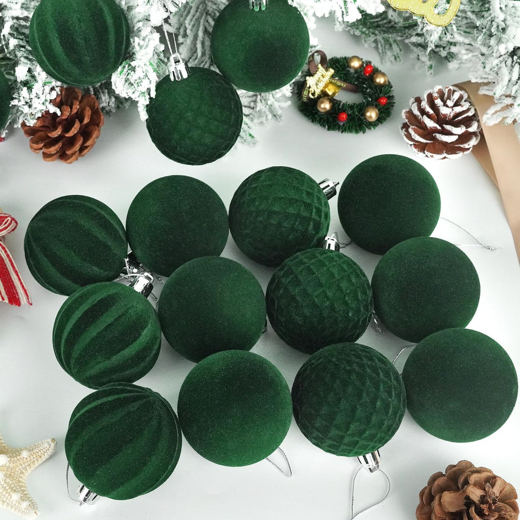 Artmag 16 Pcs Velvet Christmas Balls Hanging Ornaments Set, Shatterproof Plastic Flocked Christmas Tree Balls Xmas Decorations Festival Holiday Party Decor (Green,2.36 Inch)