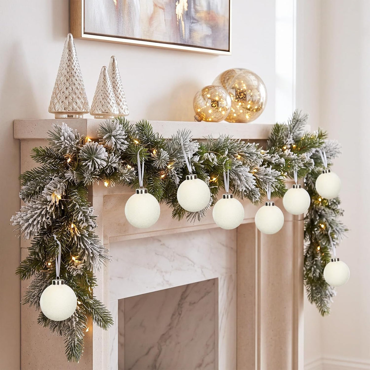 Ivory Velvet Christmas Ornaments Set,15-Pack Flocked Christmas Tree Ball