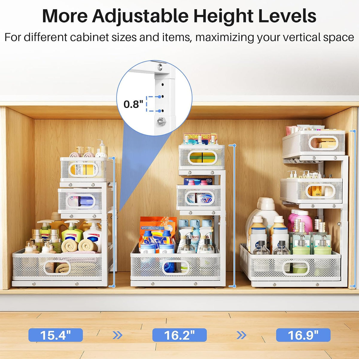 Under Sink Organizer, 3-Tier Thickened Metal Pull out Cabinet Organizer Shelf, Height Adjustable Slide out Storage Drawer Rack for Kitchen Bathroom Pantry Laundry Home Organization, 2-Pack, White