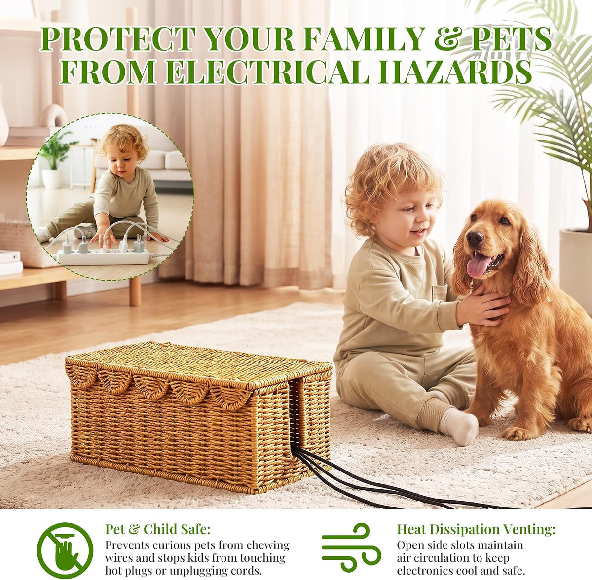 2 PCS Handmade Rattan Cable Management Box,Decorative Cord Hider
