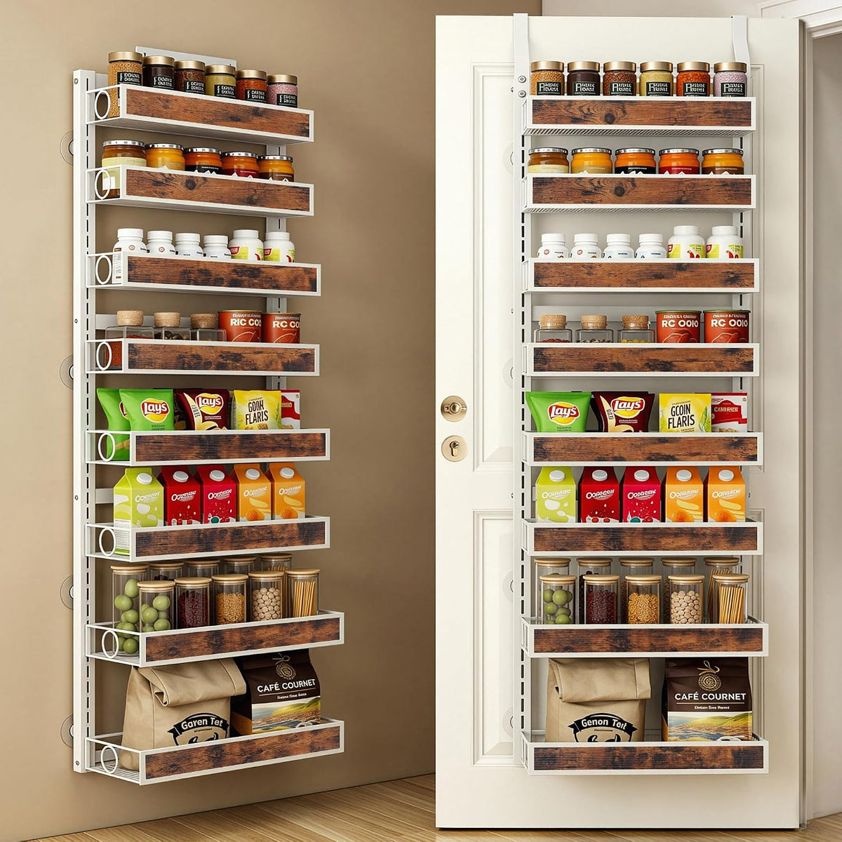 8 Tier Over The Door Pantry Orangizer 2 IN 1 Wall Mounted or Hanging Spice Rack with Adjustable Wood Basket,Heavy Duty Seasoning Storage Shelf for Kitchen Pantry and Bathroom