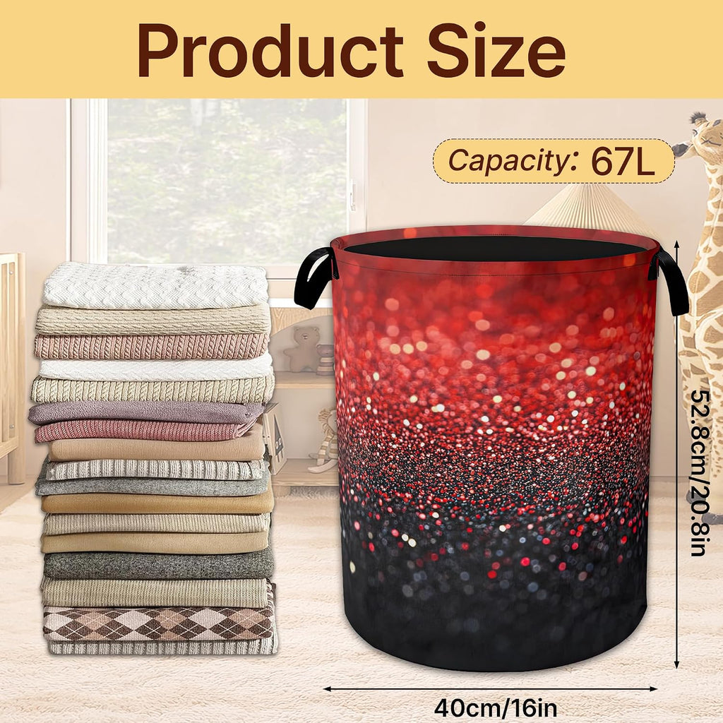 Collapsible Laundry Basket,Red Black Waterproof Oxford Cloth Hamper with Handles,Glitter Sparkling 16 x 20.8 Inch Portable Storage Organizer for Laundry Room Bedroom