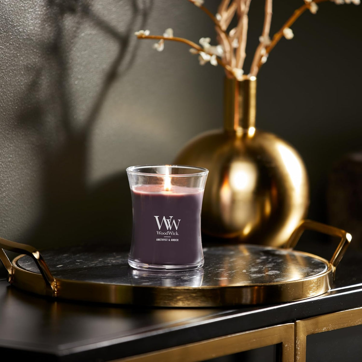 WoodWick Amethyst & Amber Gifts for Women and Men, 9.7 oz Medium Hourglass Candle with Crackling Wick (Pack of 4)