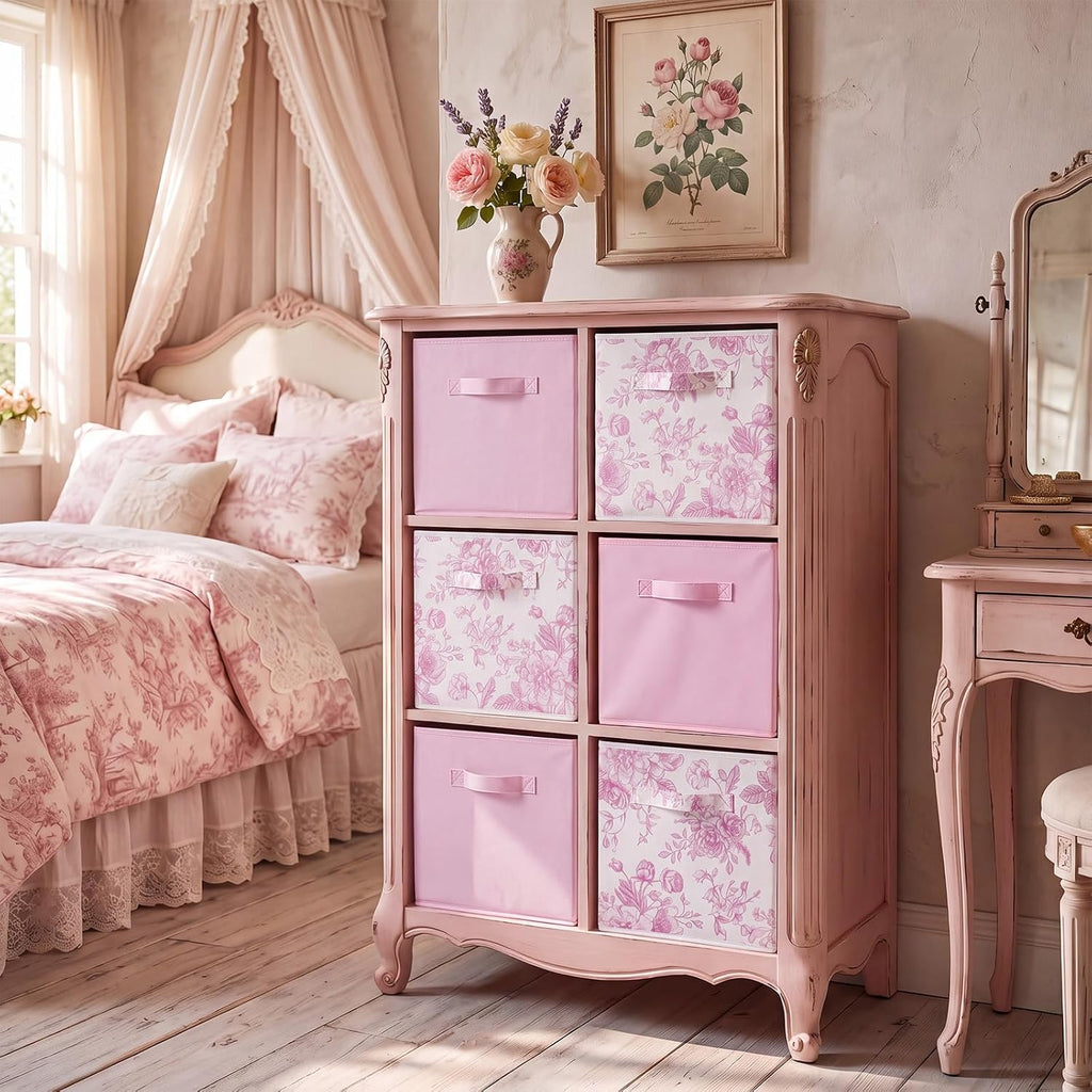 Geelin 6 Pcs Pink and Pink Floral Cube Storage Bins 11 Inch Storage Basket