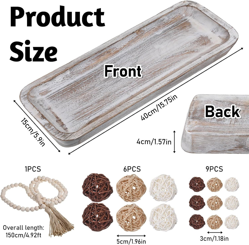 20 Pcs Wooden Dough Bowl Decor, Wood Dough Bowl Wicker Rattan Balls Beads String with Tassel, Wood Rustic Dough-Bowl Decorative for Dining Room Kitchen(White)