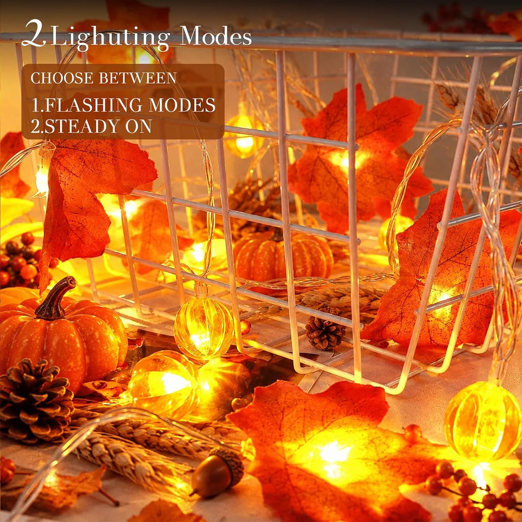 YEGUO 2Pack Fall Garland Lights, 20ft 40LED Maple Leaves with Pumpkin