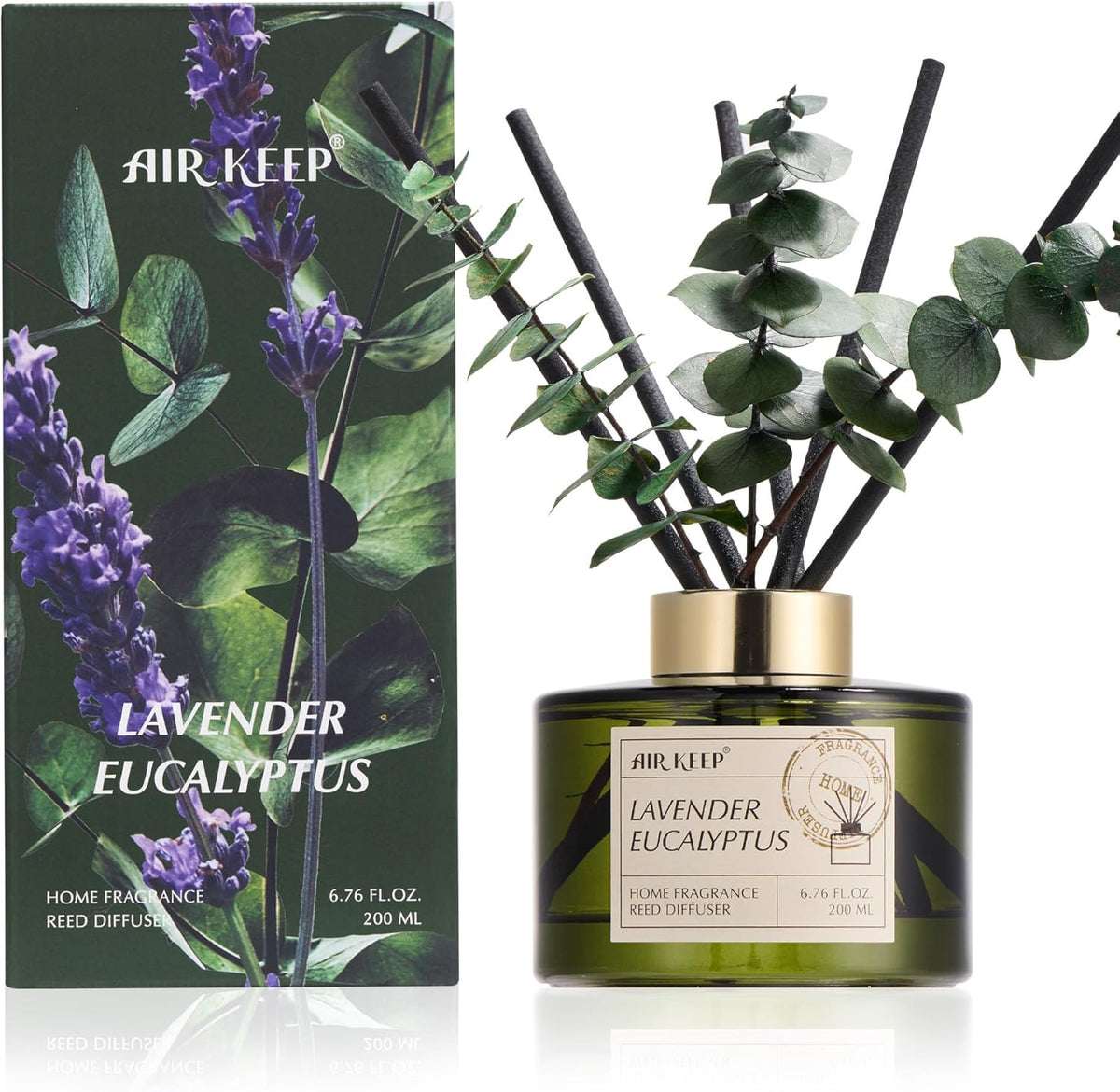 Airkeep Reed Diffuser Set with 6.76 fl oz Lavender Eucalyptus Scent Essential Oils and 3 Leaves & 8 Diffuser Sticks,Bathroom Shelf Decor & Air Freshener, House Bedroom Office Decor & Gifts