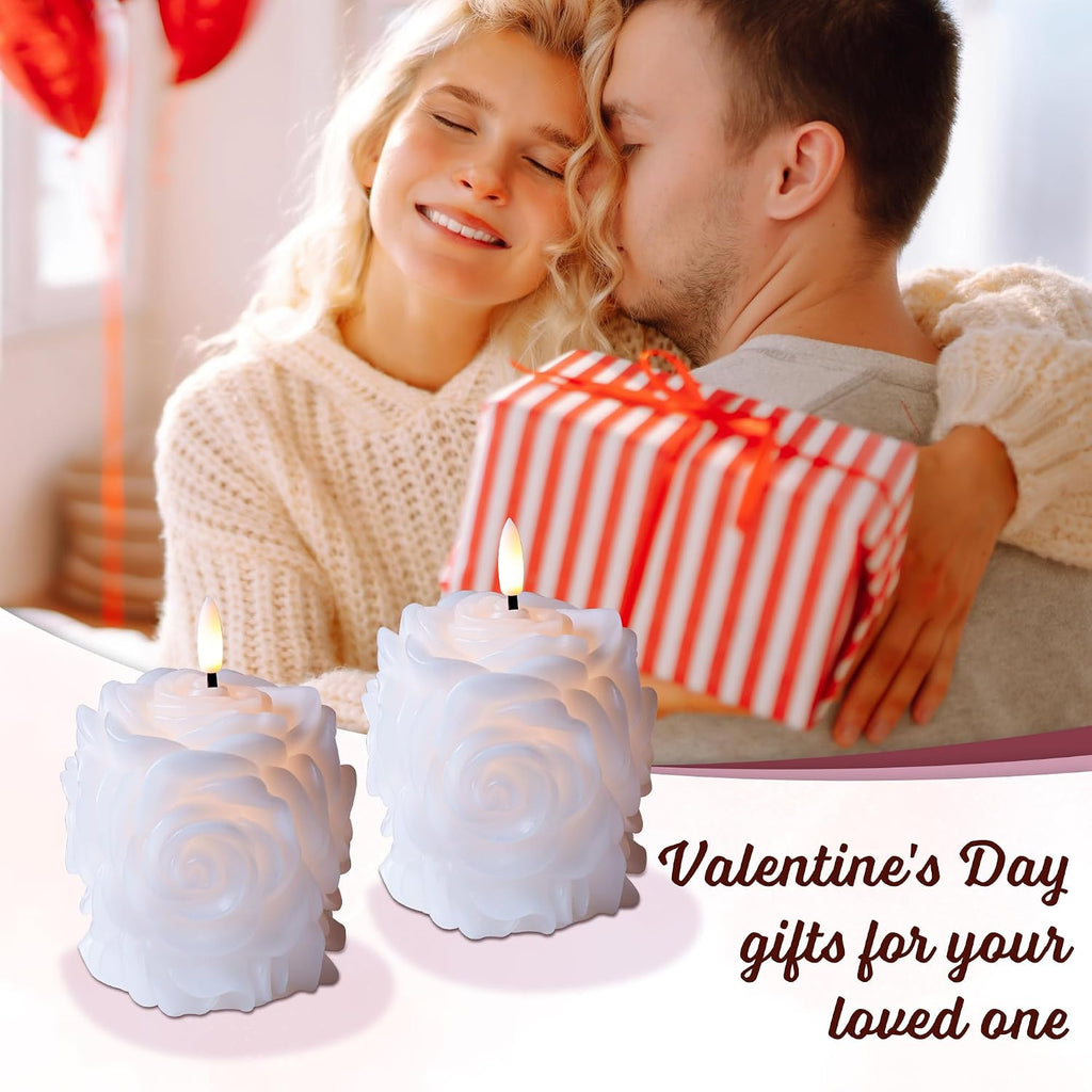 JOIONE Valentines Day White Rose Flameless LED Candles with Remote, 2 Pack